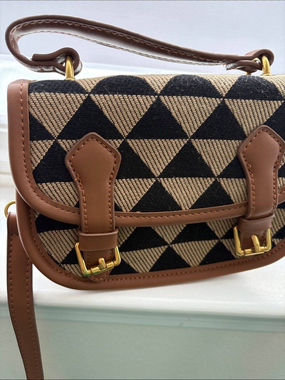 Brown Geometric Crossbody Bag with Gold Hardware